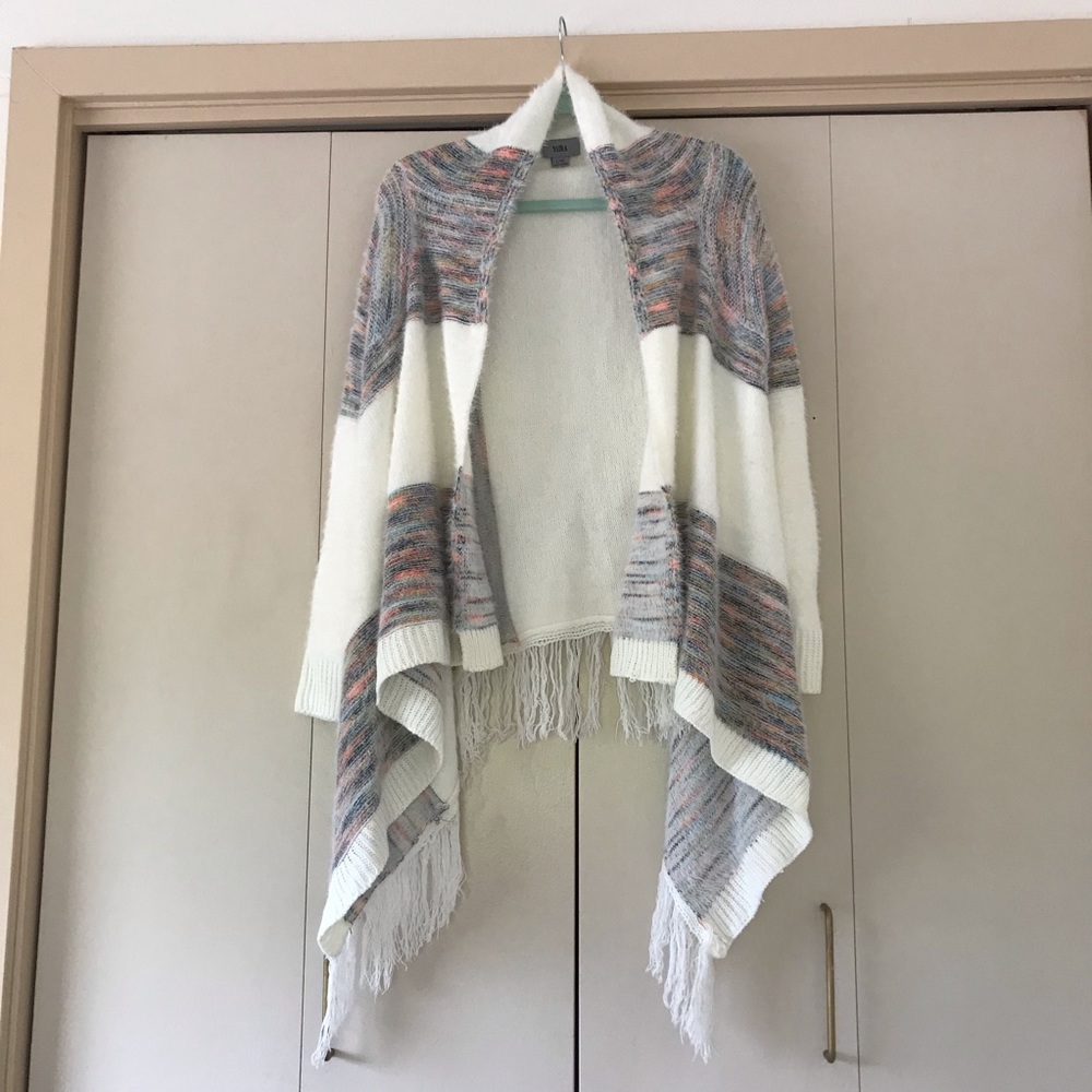 Yaira Boho White Multicolored Fringe High Low Open Cardigan Size L/XL